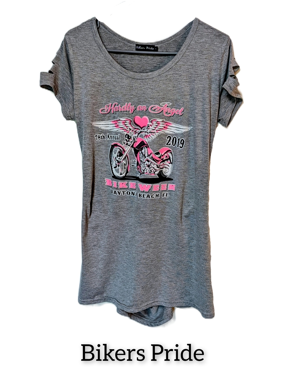 Bikers Pride Gray Tee with Pink Motorcycle Graphic